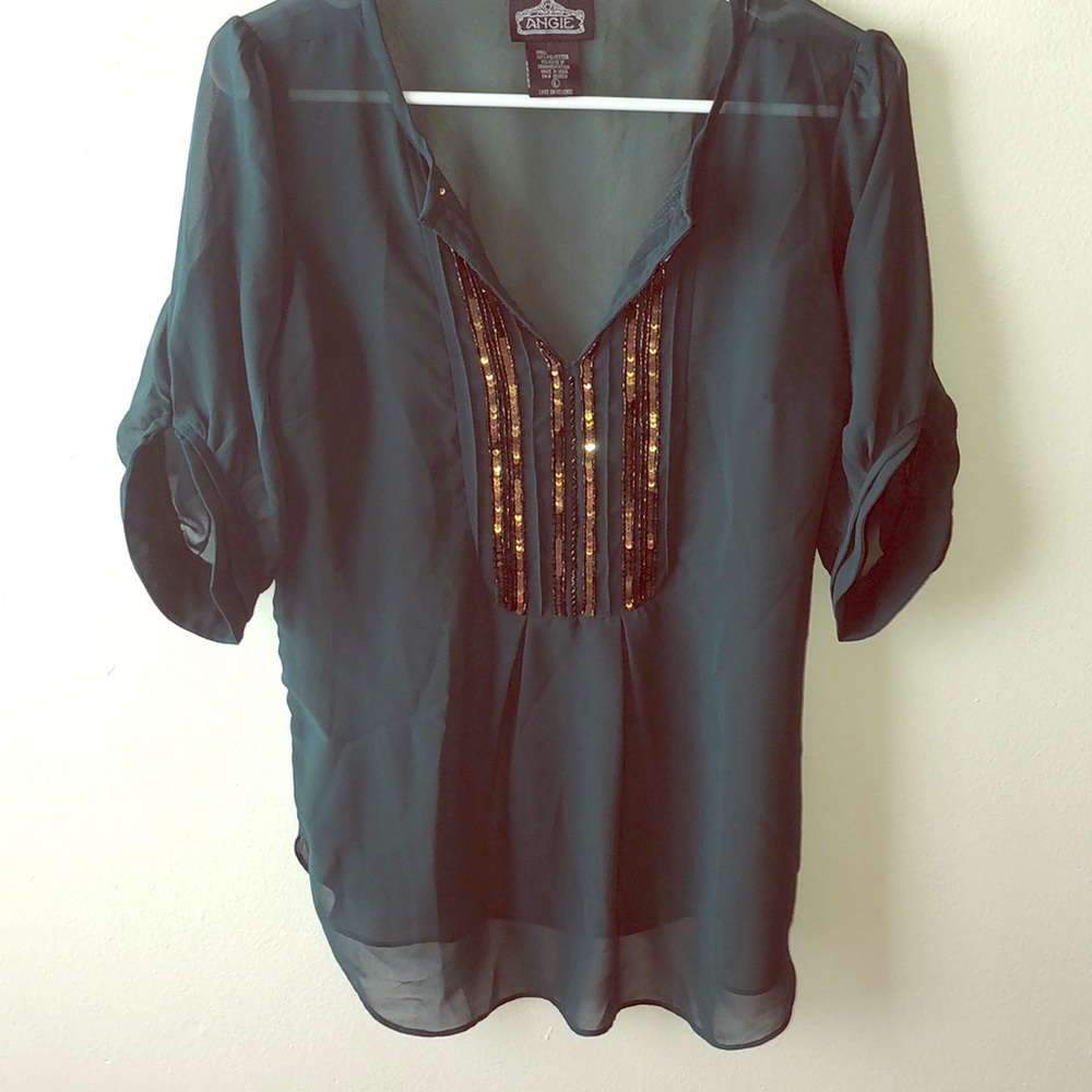 Hunter green top with bronze beading.